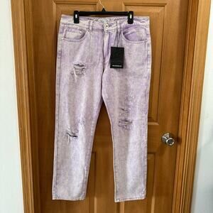 NWT Liquor n Poker Co-Ord Purple Acid Wash Distressed Denim Straight Leg Size 34